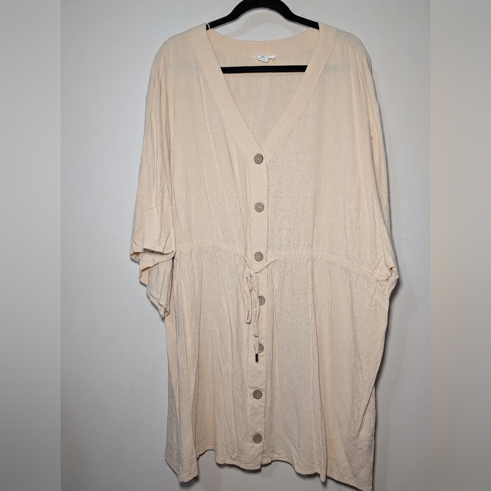 Chicsoul Linen Blend Tunic Cream Button-Up Tie Waist V-neck Women's Size 3X
